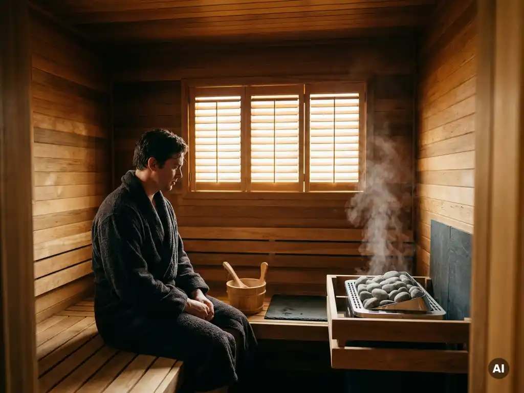 Robed bather relaxing on a cedar bench in a warmly lit sauna, steam rising from an electric heater with river stones and wooden bucket nearby.