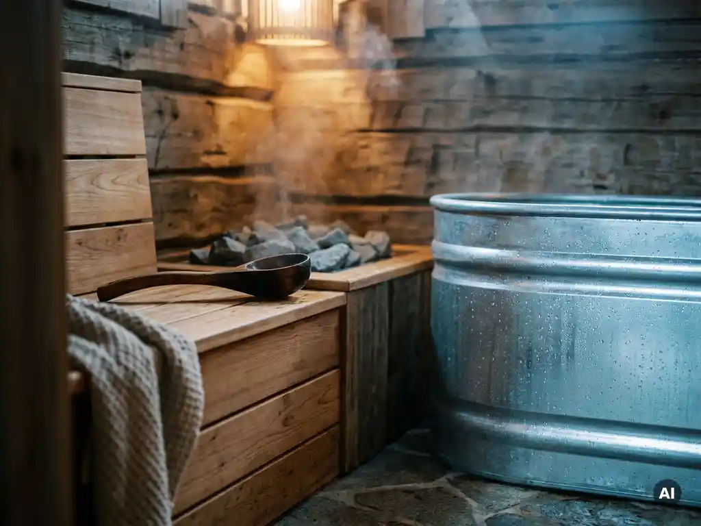 Cedar sauna bench with steaming wooden ladle over hot stones beside a frosted cold plunge tub in a Nordic spa interior.