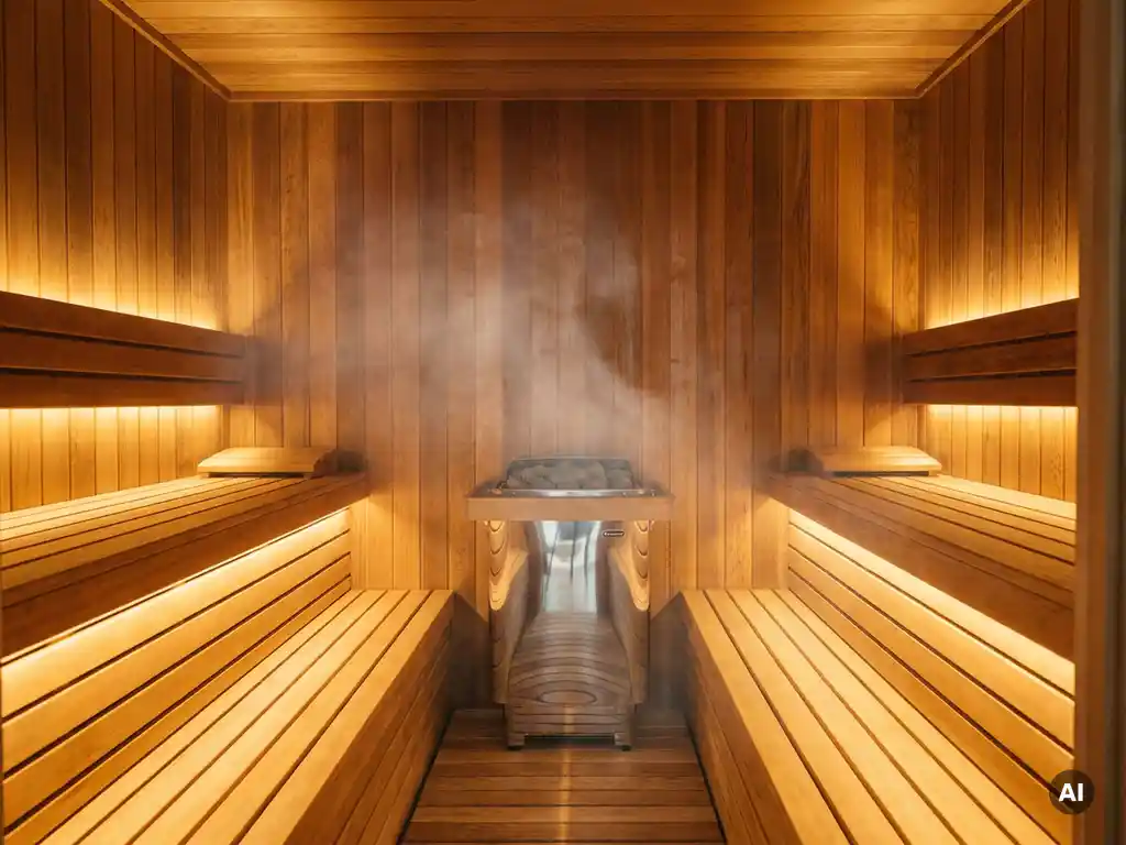 Cedar-paneled sauna interior with golden light, wooden benches, and a modern electric heater surrounded by soft rising steam.