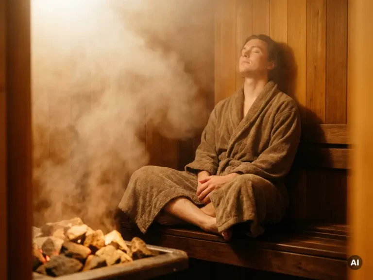 Person in a robe relaxing on a cedar sauna bench, eyes closed, surrounded by soft steam and warm golden light from heated sauna stones.