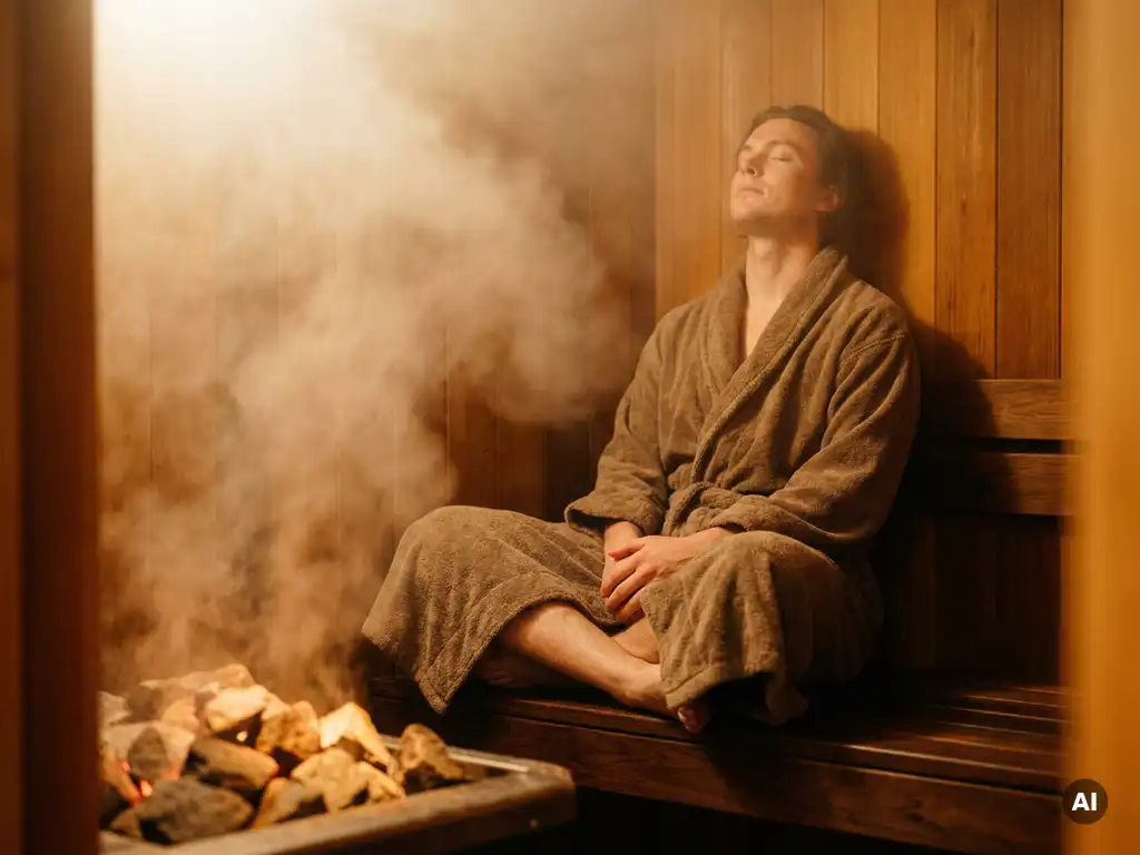 Person in a robe relaxing on a cedar sauna bench, eyes closed, surrounded by soft steam and warm golden light from heated sauna stones.