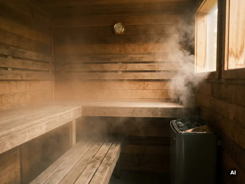 Cedar sauna interior with soft steam rising from an electric heater, amber-lit wooden benches and walls, hygrometer mounted nearby.
