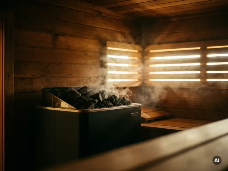 Steam rising from volcanic stones on a modern electric sauna heater inside a cedar wood sauna with warm amber lighting.