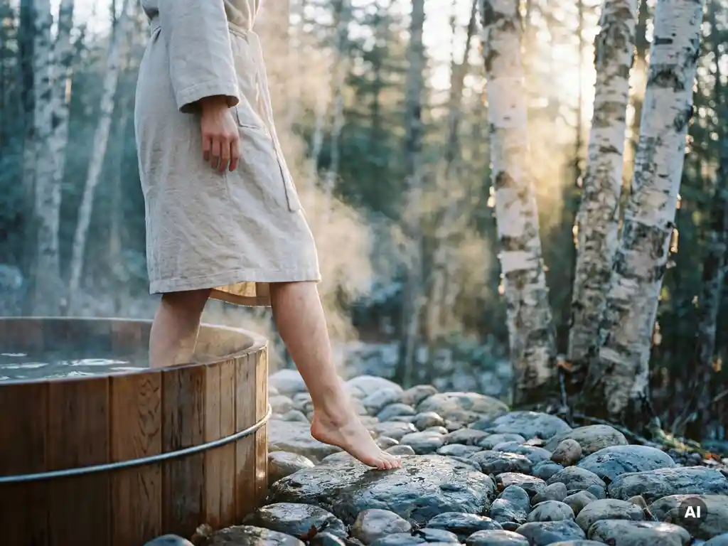 Robed figure stepping onto river stones beside a cedar plunge tub, steam rising in crisp air among birch trees in golden afternoon light.