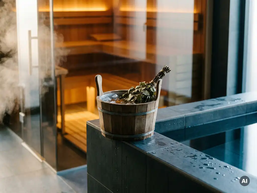Birch whisk and ice bucket resting on a cold plunge tub, with amber-glowing glass sauna and steam visible in the background.
