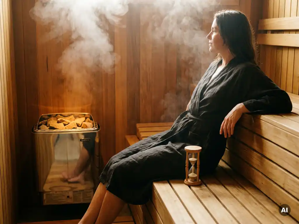 Robed bather relaxing on a cedar sauna bench beside a glowing electric sauna heater, steam rising through warm amber light.