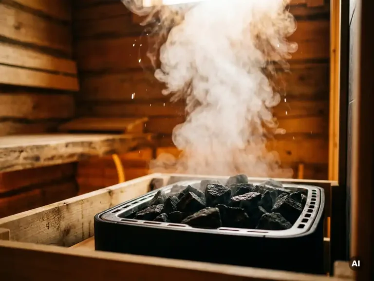 Steam rising from a modern electric sauna heater stacked with dark volcanic rocks, water droplets catching warm amber light against spruce wood walls.