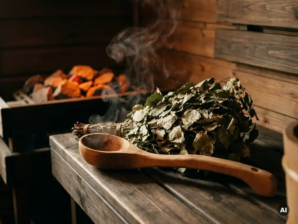 Birch whisk resting on a wooden ladle in a dimly lit Finnish sauna, steam rising near glowing sauna stones.