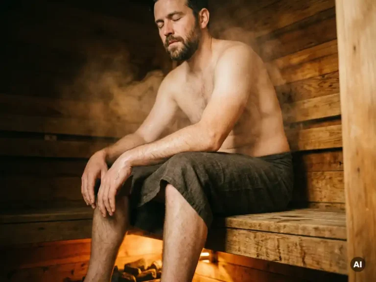 Man relaxing on a wooden sauna bench, eyes closed, sweat on forearms, steam rising around cedar walls in warm amber light.