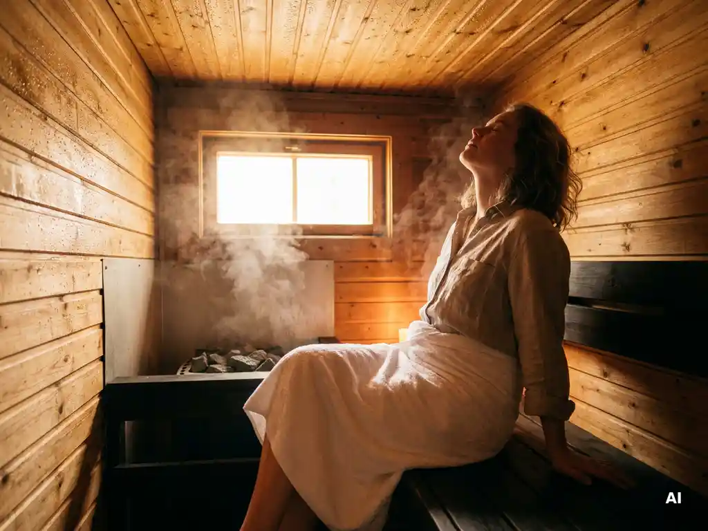 Person relaxing on a wooden sauna bench wrapped in a white towel, steam rising in a warm Nordic spruce interior.
