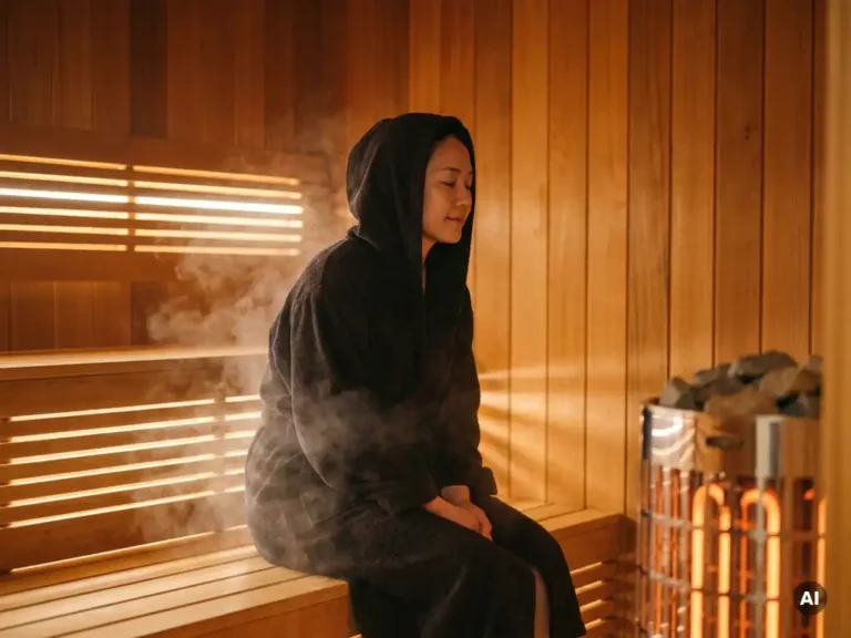 Robed bather seated in a cedar sauna, eyes closed, with soft steam rising and an amber electric heater glowing in the background.