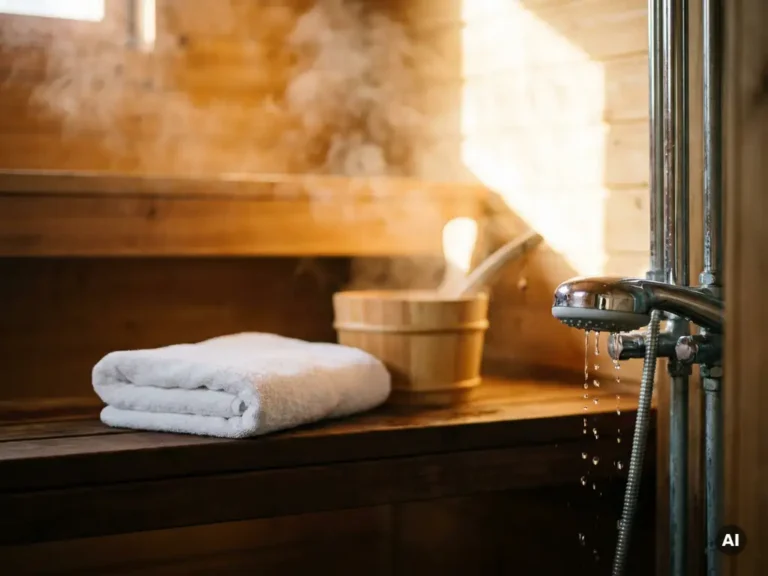 Cedar sauna bench with folded white towel and birch bucket beside a dripping cold-water shower, steam rising in warm amber light.