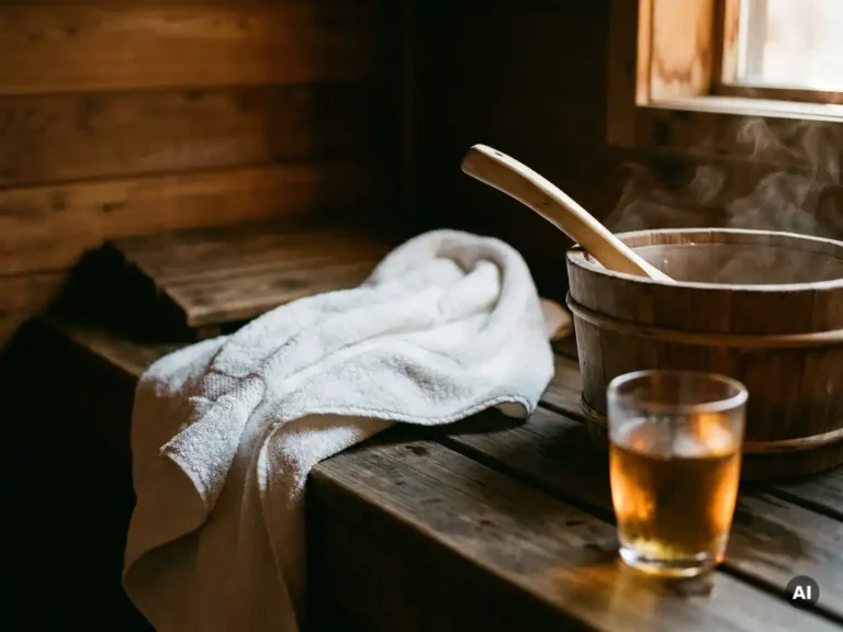 Sweat-dampened white towel on a cedar sauna bench beside a birchwood ladle, water bucket, and glass catching warm amber light.
