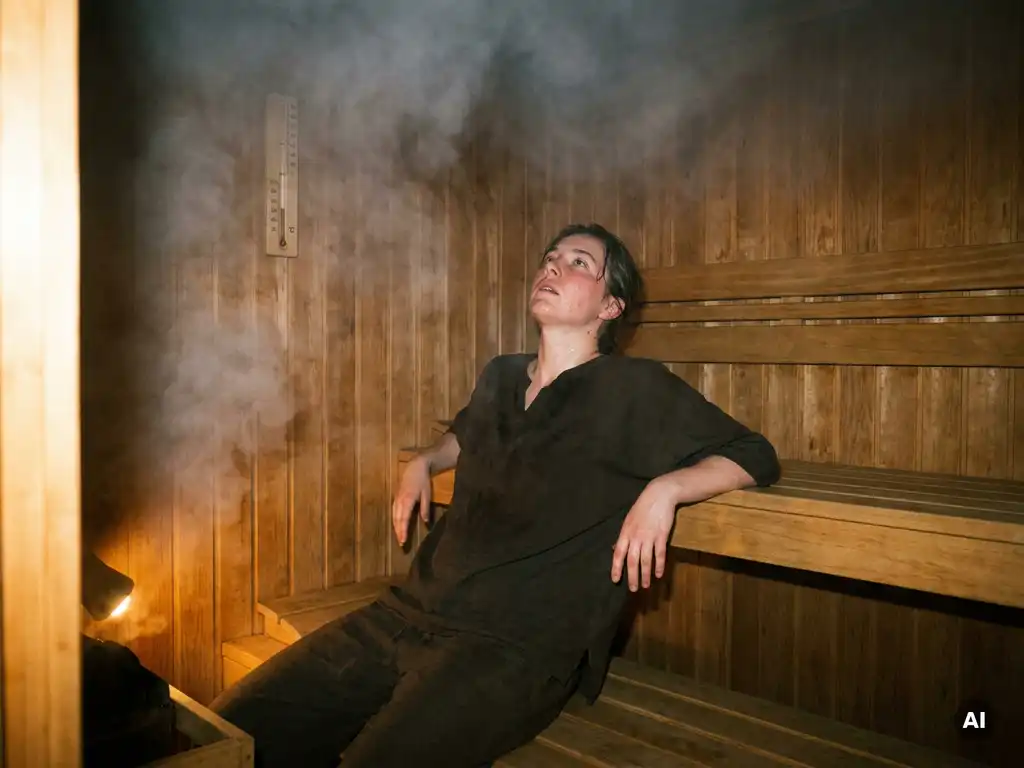 Person sitting exhausted on a cedar sauna bench, sweating in extreme heat with steam rising and a wall thermometer nearby.