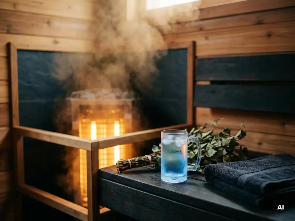 Cedar sauna interior with glowing electric heater, birch branches, iced water glass, and folded towel on a wooden bench.