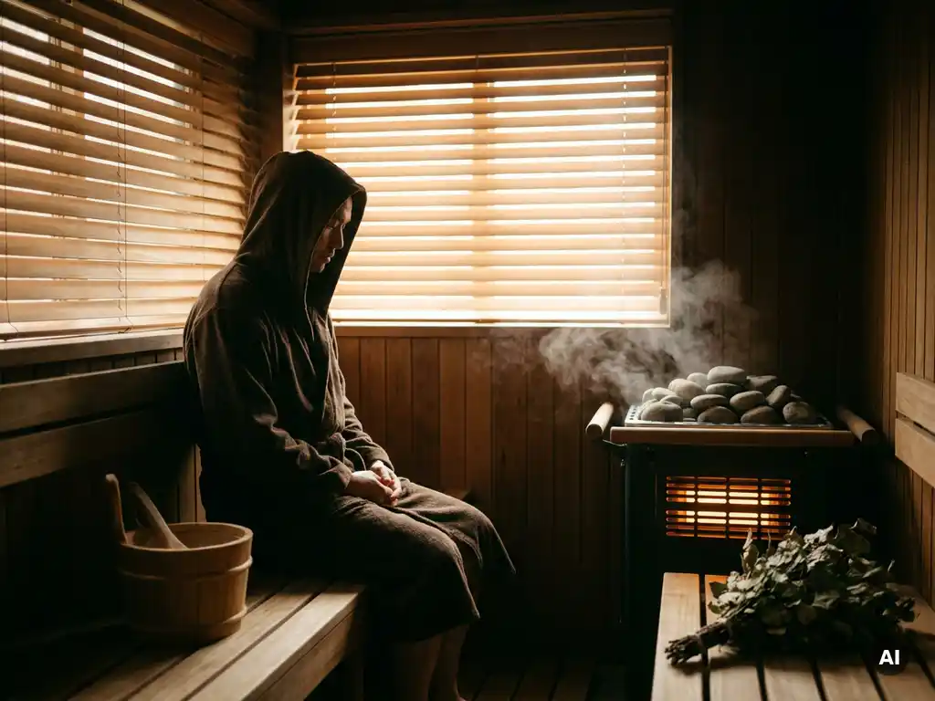 Robed person relaxing in a cedar sauna beside a glowing electric heater with river stones, wooden bucket, and birch whisk nearby.
