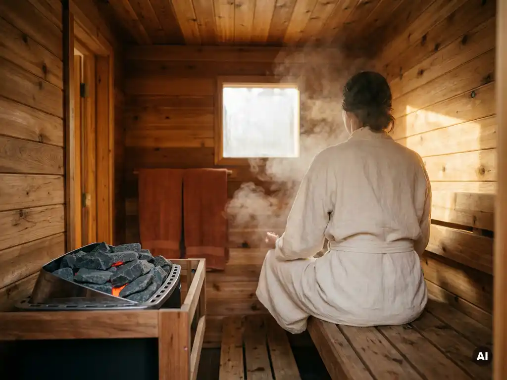 Person relaxing on a cedar sauna bench surrounded by rising steam, with a modern electric sauna heater and stones in warm amber light.