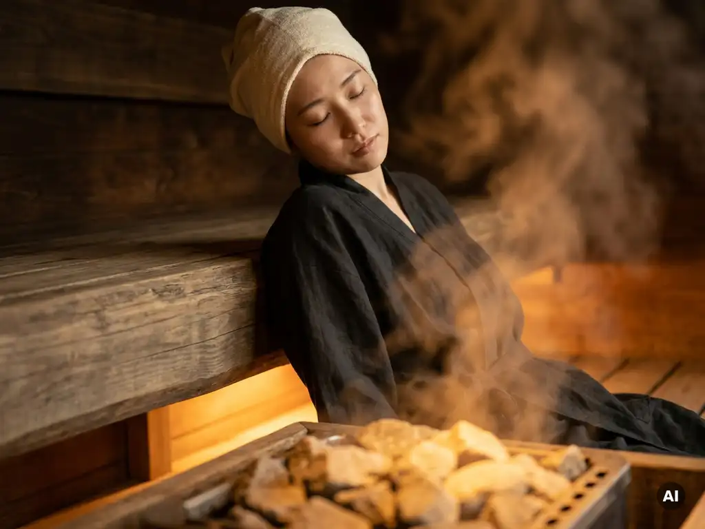 Person wrapped in linen towel reclining on cedar sauna bench, shoulders relaxed, golden steam rising in warm amber light.