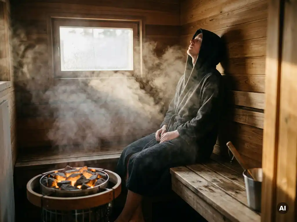Person relaxing on a cedar sauna bench with head tilted back, warm steam rising around a glowing electric sauna heater.