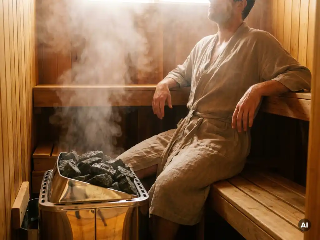 Person sweating on a cedar sauna bench beside a glowing electric heater with volcanic stones, warm steam filling the amber-lit cabin.