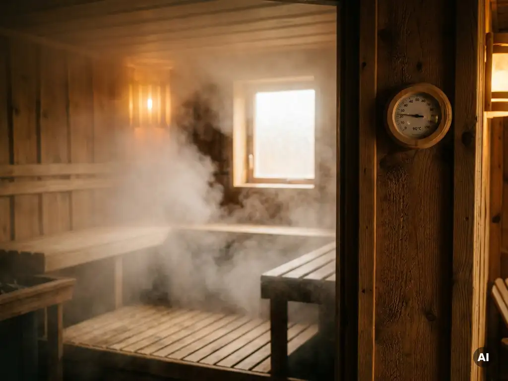 Cedar-paneled sauna interior with steam rising floor to ceiling, thermometer on wall showing even heat distribution, warm amber lighting.