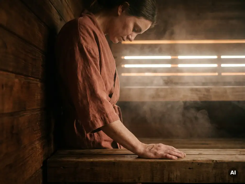 Person in a robe steadying against a cedar sauna wall, steam rising around them in warm amber and terracotta light.