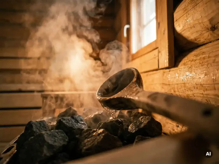 Steam rising as water pours from wooden ladle over hot volcanic sauna stones, amber-lit spruce walls glistening with moisture.