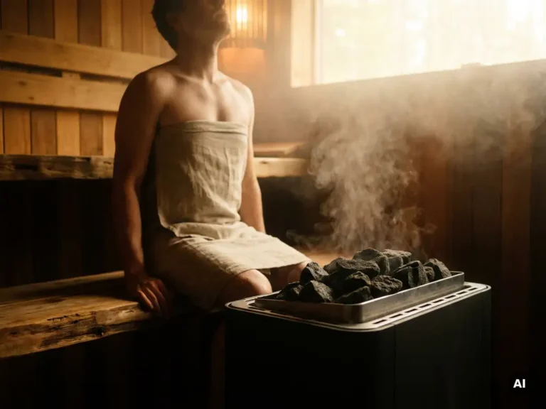 Person in linen towel wrap breathing deeply on cedar sauna bench, steam rising from volcanic stones on electric heater in warm amber light.
