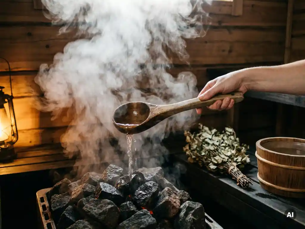 Weathered wooden ladle pouring water over volcanic sauna stones, steam rising toward cedar ceiling, birch branches and bucket nearby in warm lantern light.