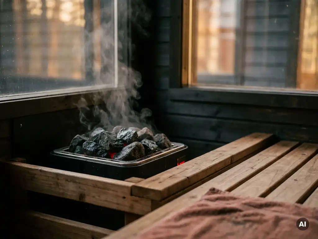 Steam rising from volcanic stones on a modern electric sauna heater beside smooth cedar bench slats in warm amber light.