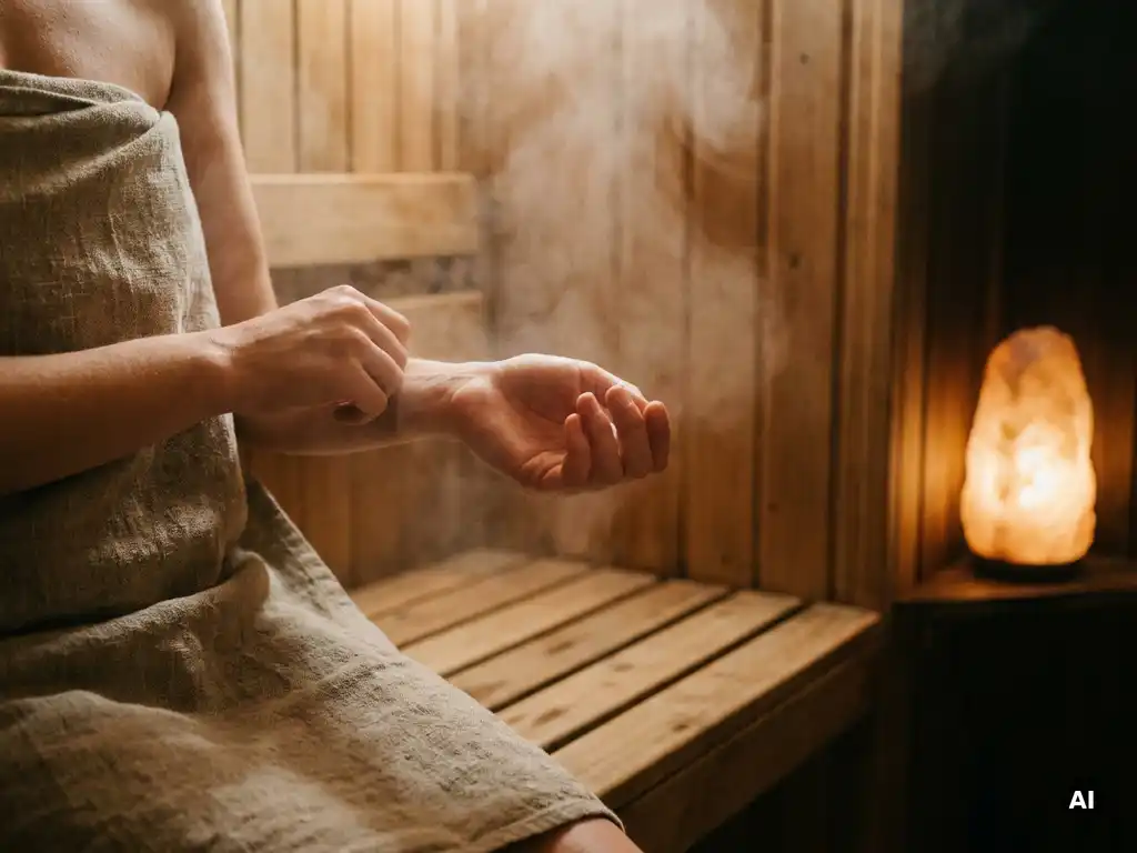 Person in linen towel rotating a stiff wrist on a spruce sauna bench, with steam and warm amber light from a Himalayan salt lamp.